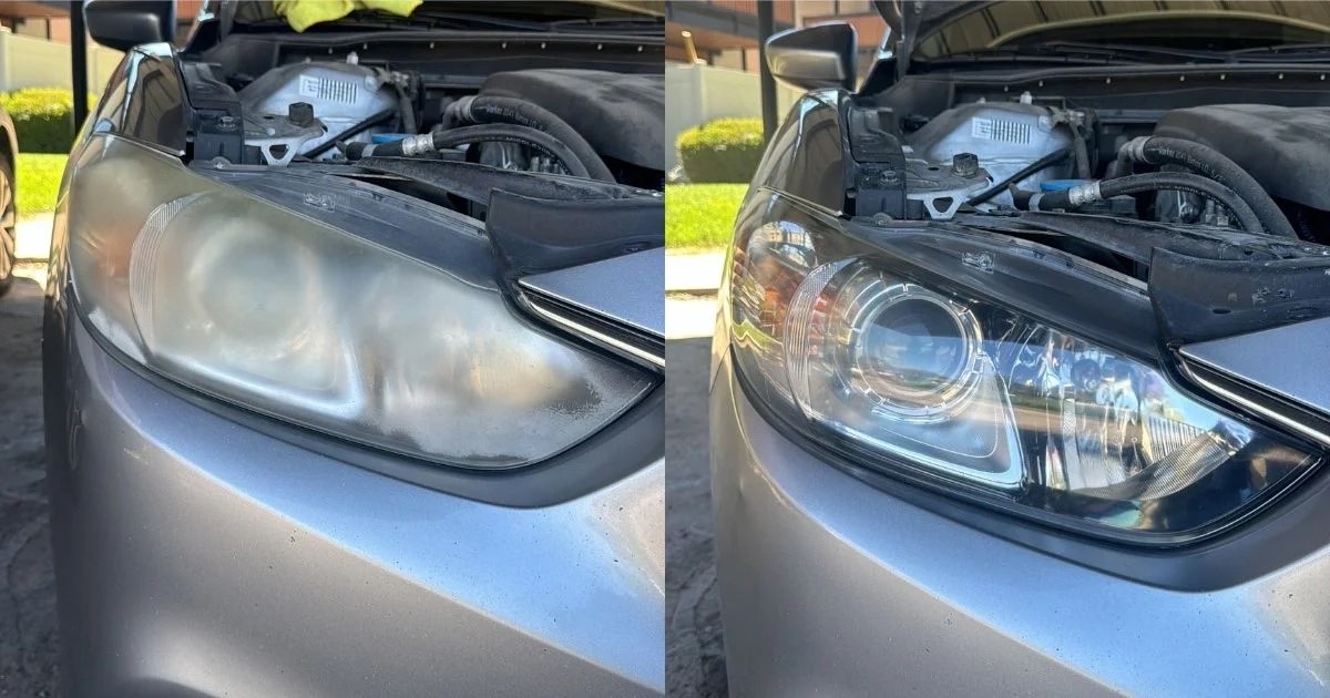 The same headlight before and after restoration: cloudy and yellowed on the left, clear on the right