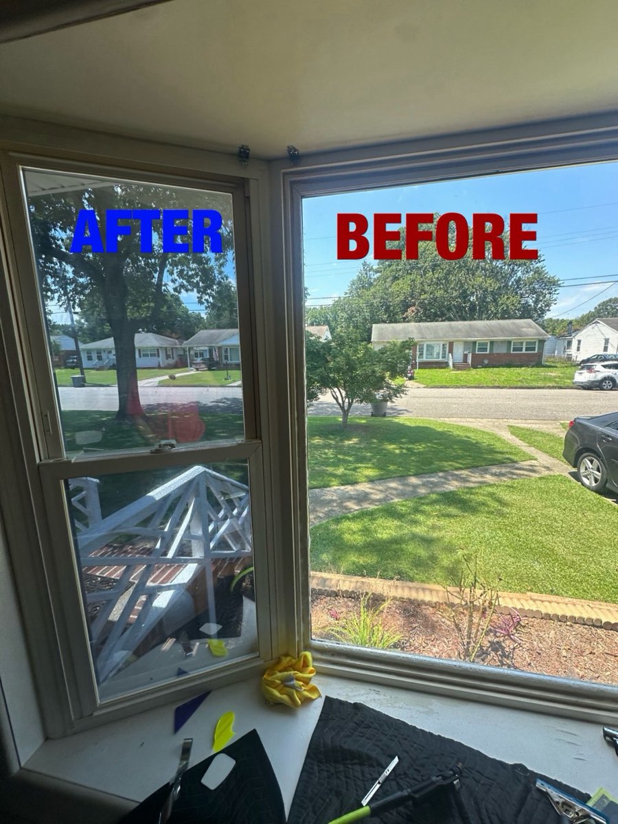 Corner windows, the left pane filmed and the right still clear