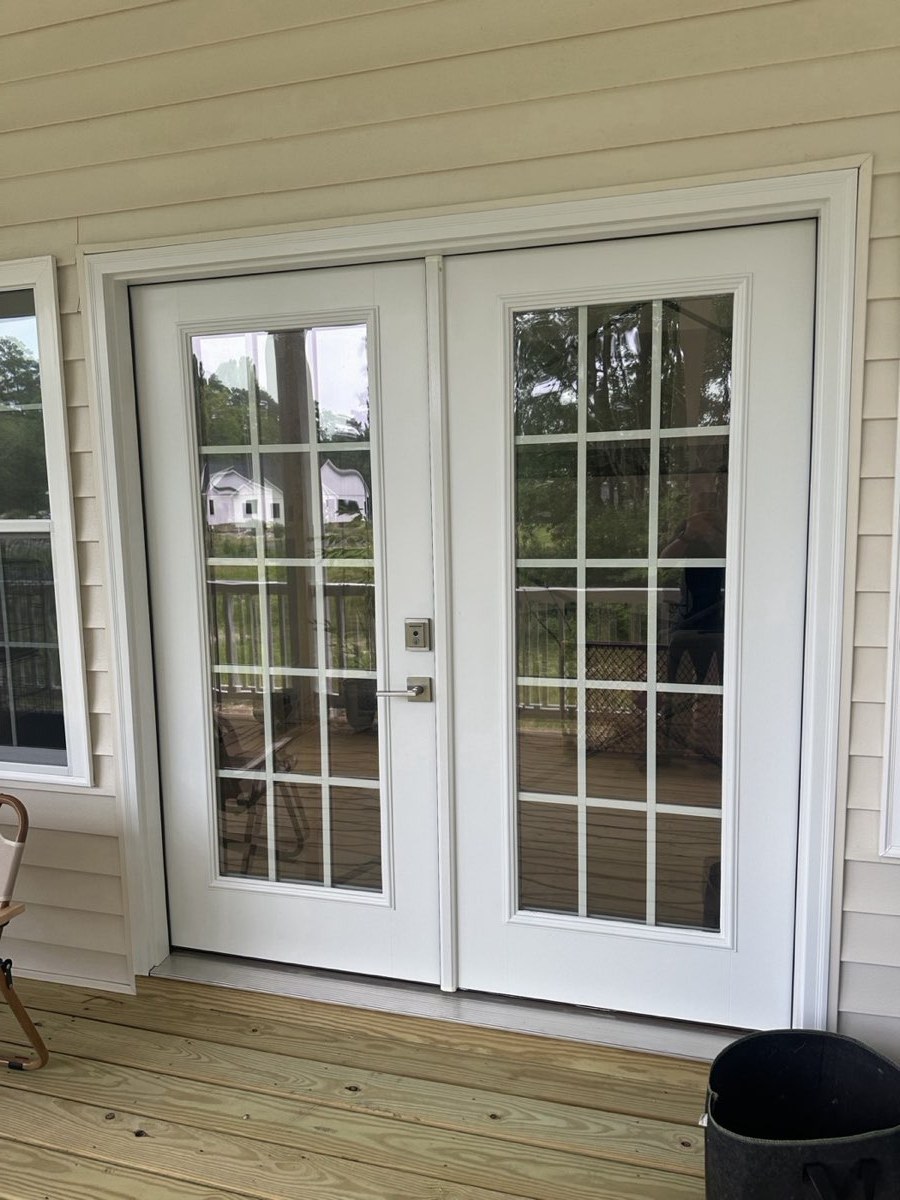 French doors with window film on the glass panes